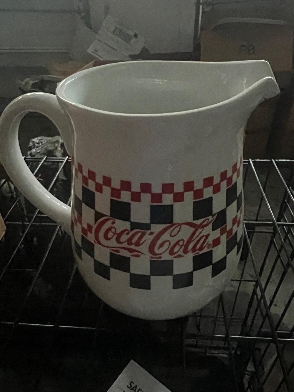 Coca Cola Checkerboard Ceramic Pitcher in White, Red and Black 1996 Edition